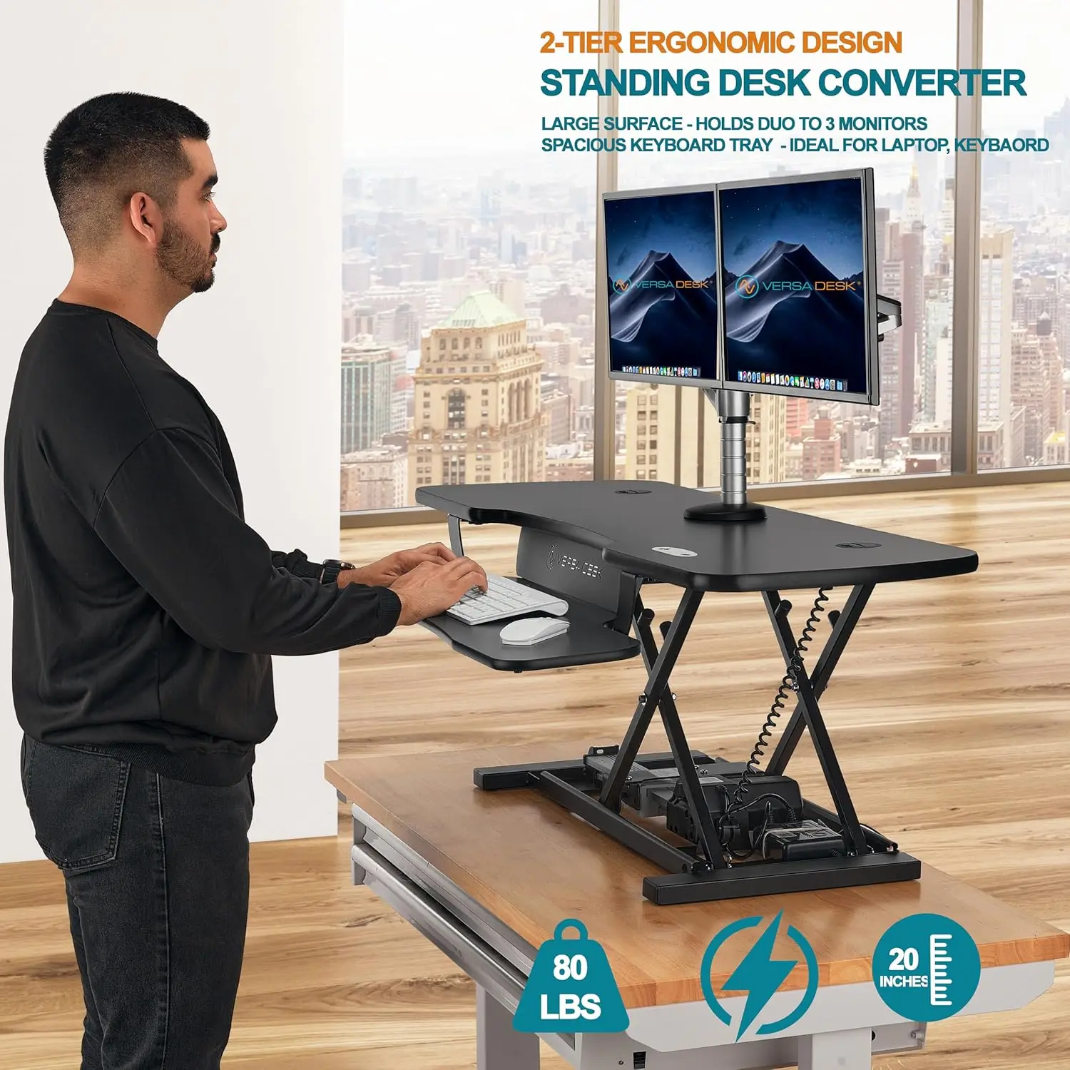 VERSADESK® PowerPro Elite® 48” x 24” Electric Sit-to-Stand Desk Converter w/Keyboard Tray for Home or Office |USB Charging Port