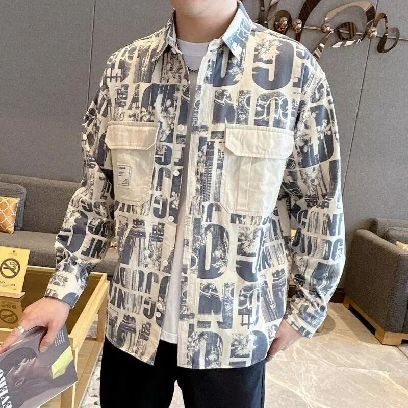 Retro American Dyed Long Sleeve Shirt Men's Spring Autumn Loose Graffiti Print High-End Workwear Collar Jacket Casual Style