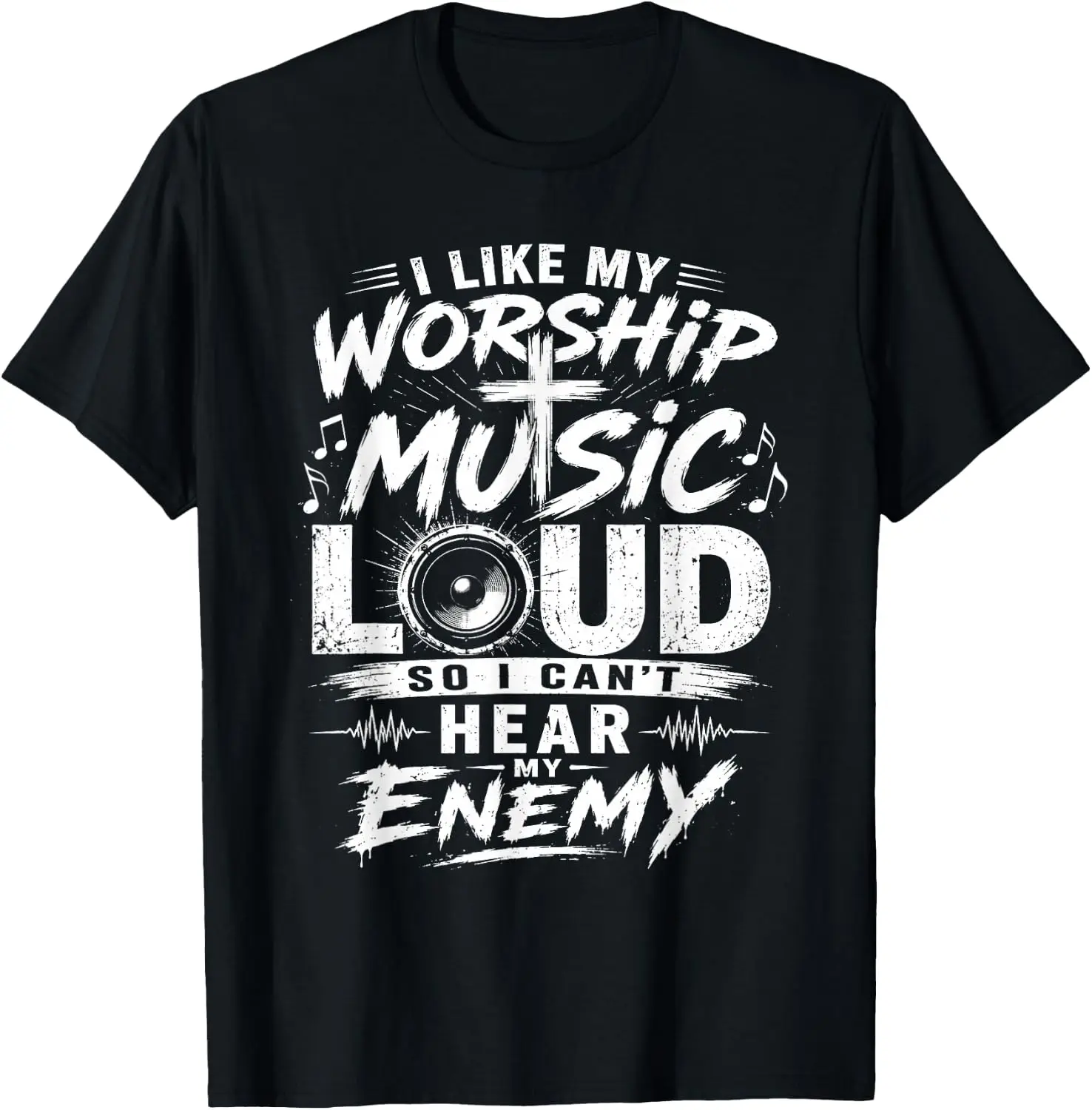 Like Worship Music Loud So I Can't Hear My Enemy Humor T-Shirt 100% Cotton Trendy Y2K Short-Sleeve Tee-Soft, Quick-Drying,