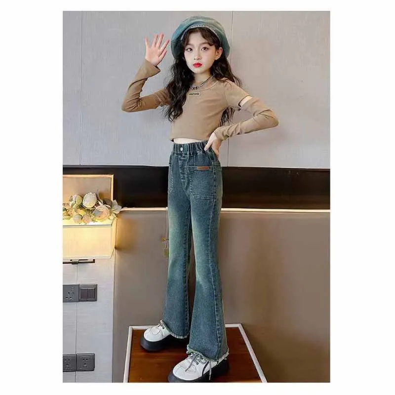 Girls Autumn Jeans Children Slim Retro La Letter Flare Pants Spring New Children Solid Colour Elastic Trousers 4-12 Years Old