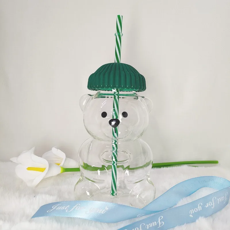 

Coffee Glass Cute Bear Cup Bear Transparent Glass Bottle 2026 New Green Cap Cute Animal Beverage Cup Holiday Gift
