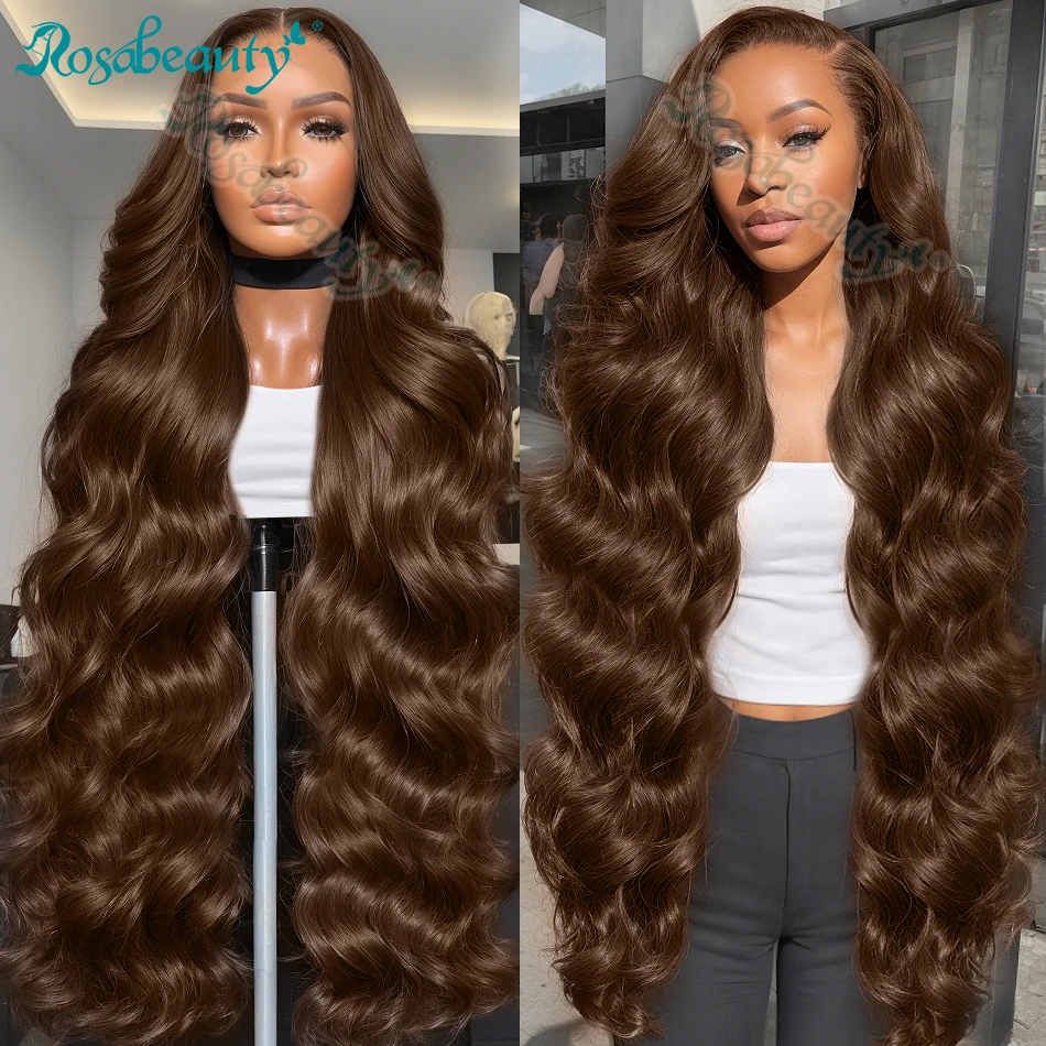 Rosabeauty Chocolate Brown Body Wave 13x6 HD Lace Frontal Human Hair Wigs Water Wave #2 Colored Wig 250 Density 40Inch