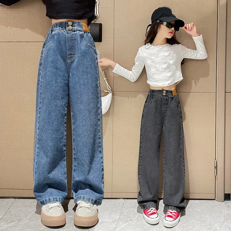 Girls Jeans Autumn Casual Loose Side Gradient Color Young Children Wide Leg Pants 8 10 12 13 14 Years Teen School Kids Trousers