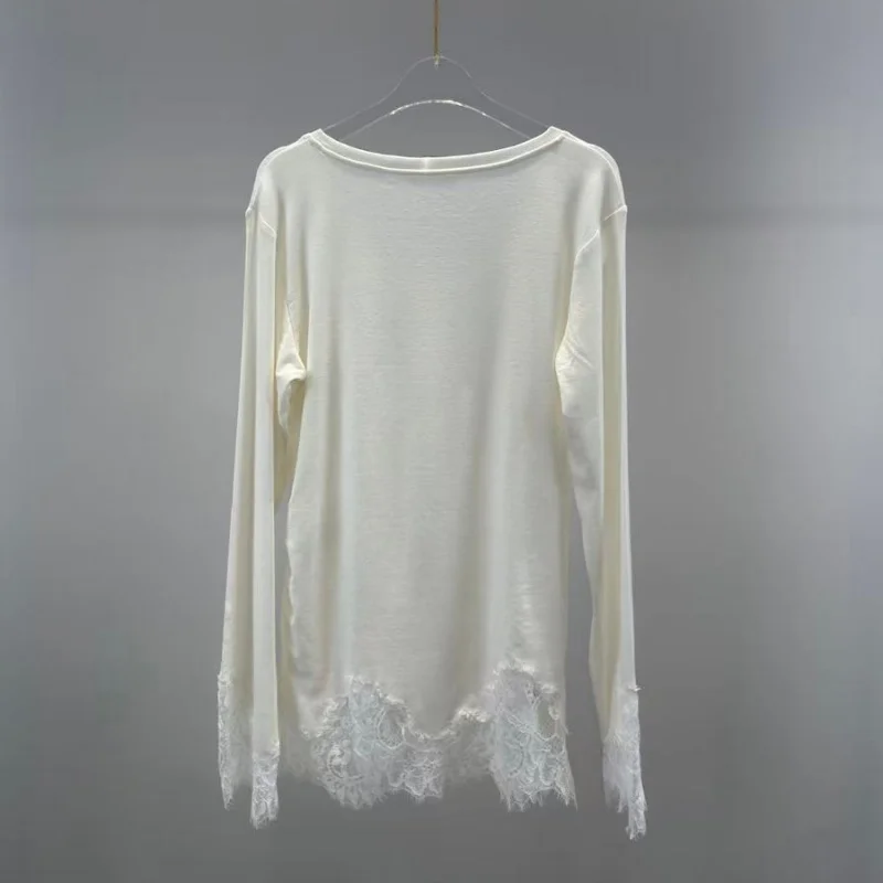 2026 Spring New Arrival High-Quality Lace Trim Round Neck Long Sleeve Fashion T-Shirt Loose Fit Casual and Luxurious Top