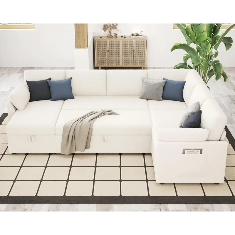 Pull Out Sofa, 112 Inch Oversized U Shape Sleeper Sofa Couch with Storage Chaise & 3 Seater, Comfy Couch with Pull Out Bed