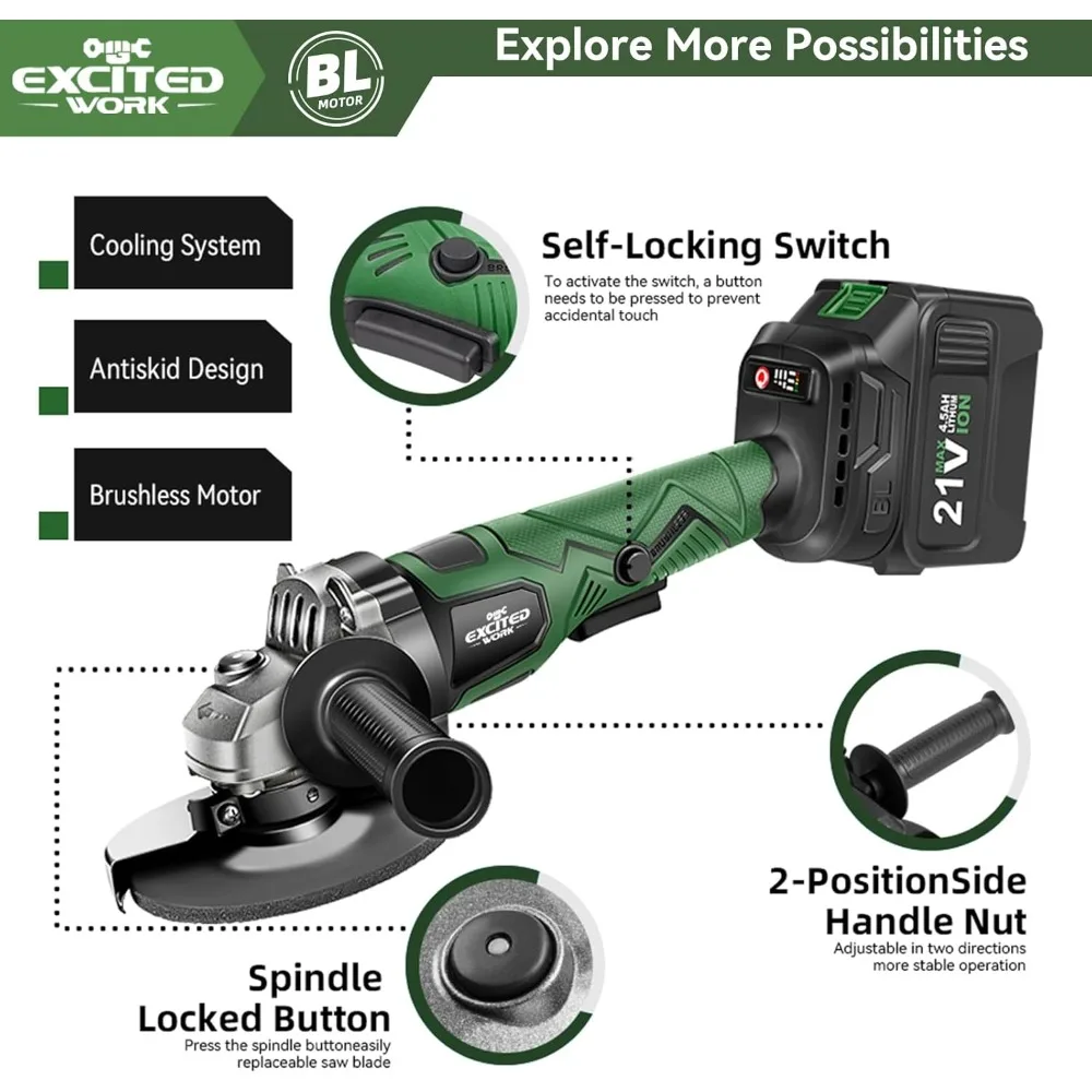 Cordless Angle Grinder, 20V 5 inch Electric Grinder Power Tools with 2 X 4.5Ah Battery, Adjustable Handle, Brushless Motor for P