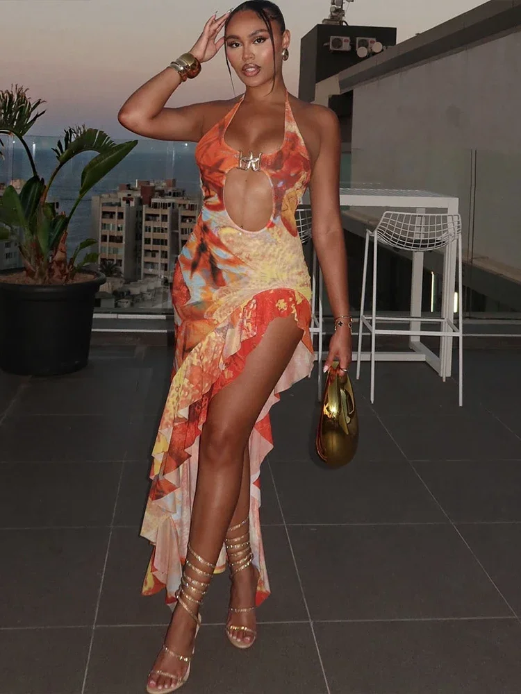 Sexy Irregular Women Dress Summer Holiday Party Long Robe Attractive Print Halter Low Neck Cleavage Ruffle Mujer Bodycon