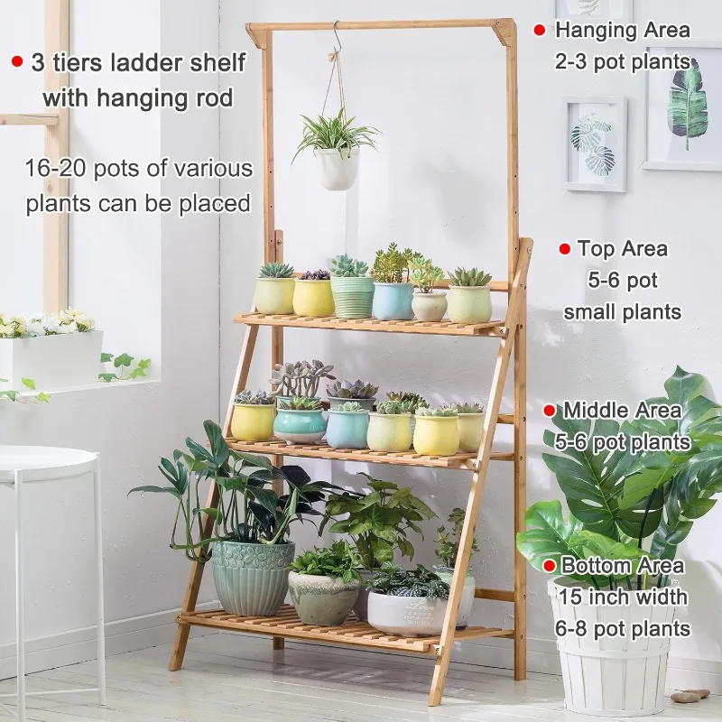 Bamboo Three-Tier Hanging Plant Stand Flower Pot Rack Flower Pot Storage Rack Folding Display Stand Plant Shelf Unit Bracket