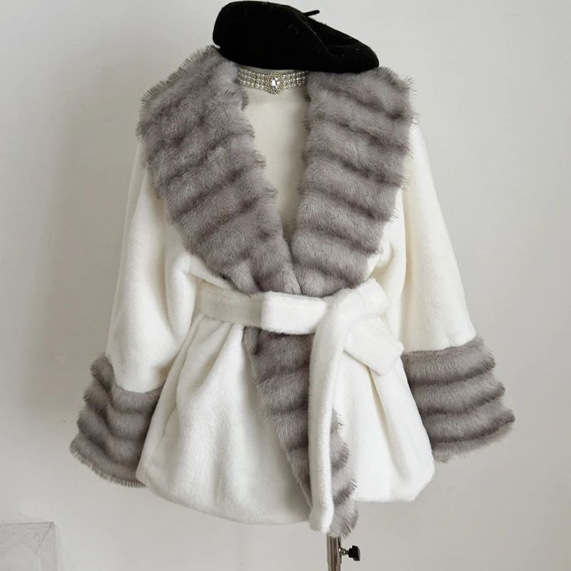 

White Imitation Mink Cardigan Woman Jacket Coat V-neck Long Sleeve Elegant Luxury Fur Oversize Long Jacket Coat Fall Winter