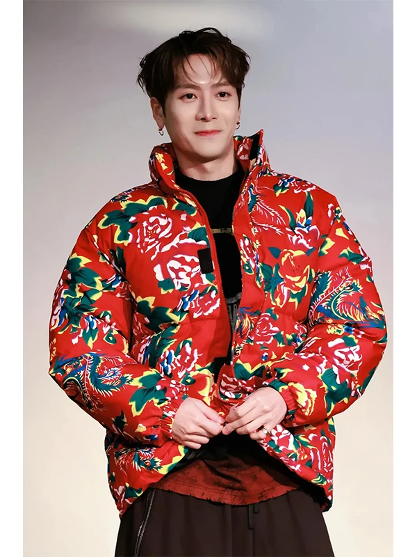 

Thiened Winter Cotton Jaet Men's Northeast Big Flower Warmth Cold-resistant Youth Faion Stand Fit Long Sve Zipper