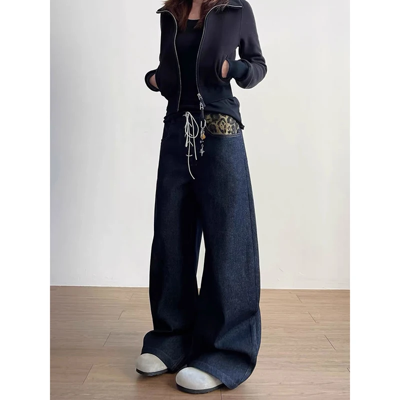 YIBASHU Amerikaanse retro jaren 90 luipaardprint dames jeans hiphop streetwear Y2K wijde pijpen denim broek hoge taille klassieke wijde broek