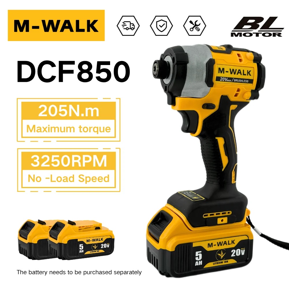 

M-WALK Аккумуляторная компактная дрель/шуруповерт 205NM Бесщеточные аккумуляторные электроинструменты для Dewalt 20 В с аккумуляторным контактом DCF850