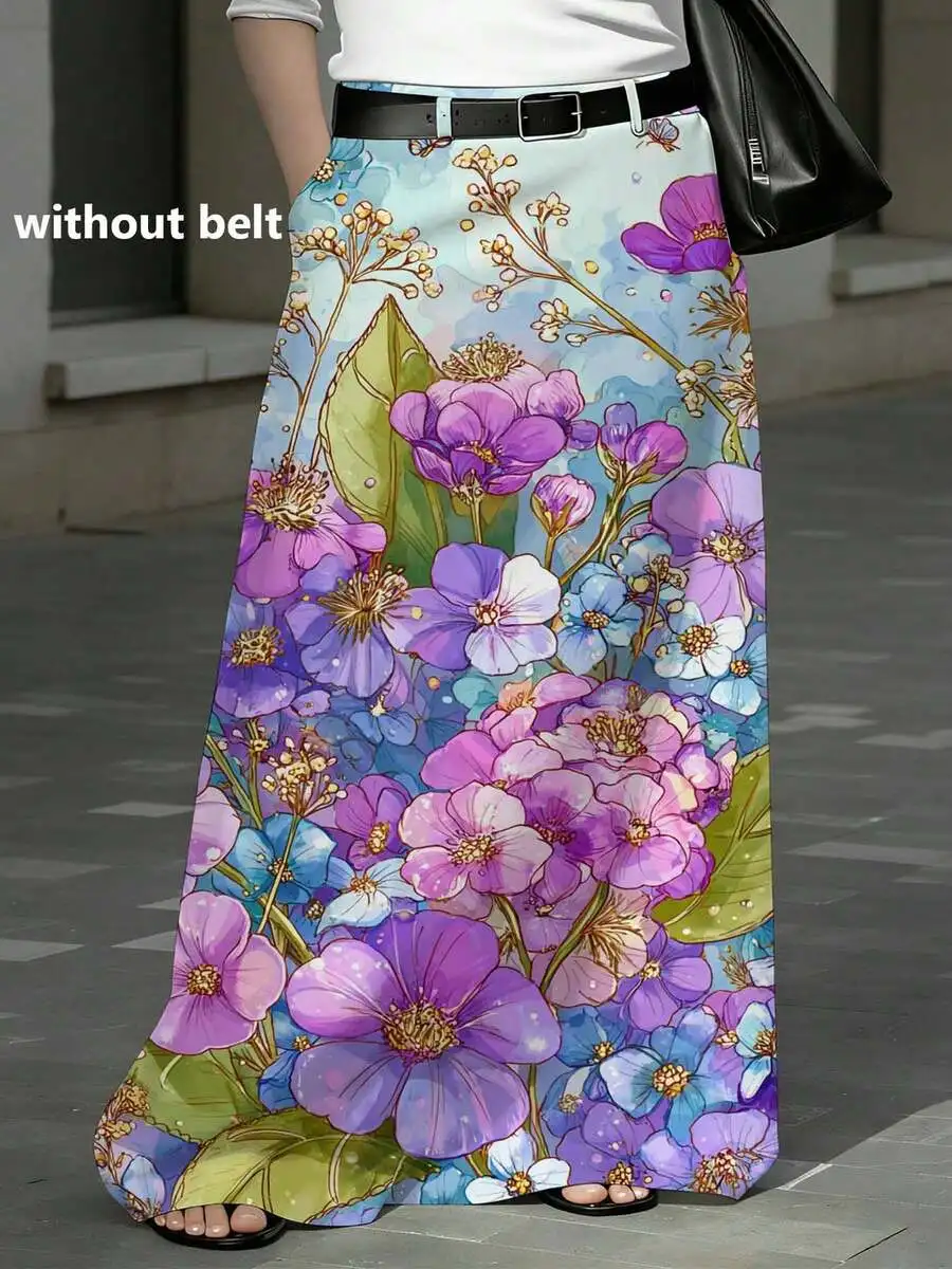 

Plus Size Women Straight Cut Floral Print Skirt With Pockets Vacation Style Casual Leisure Wear