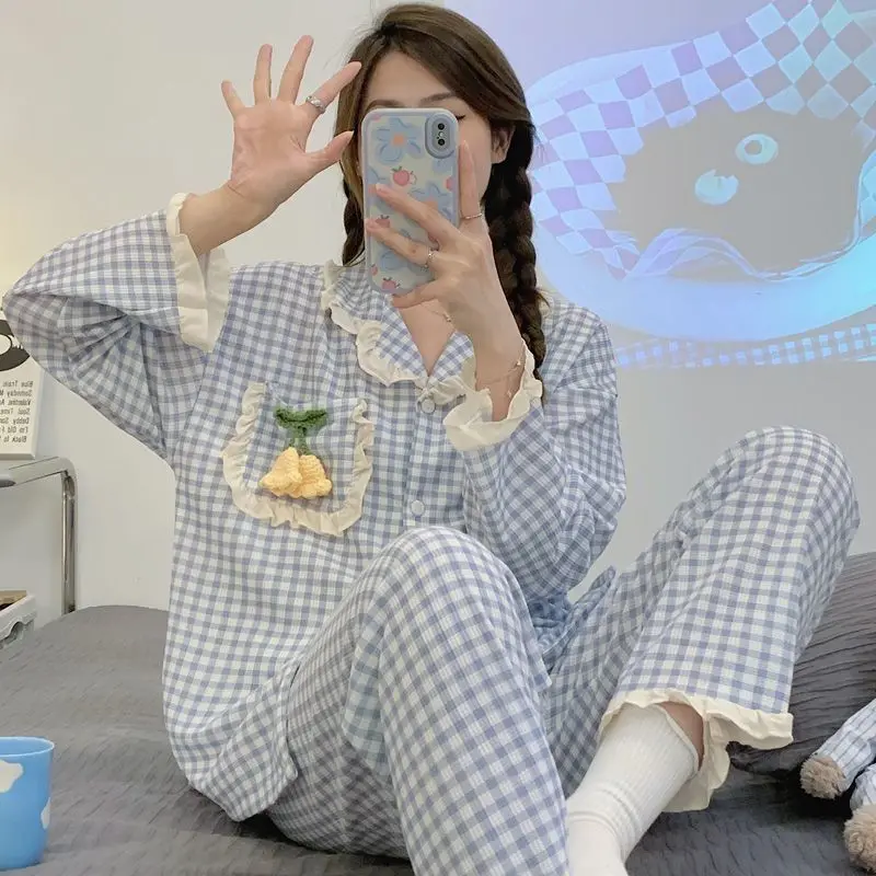 Plaid Sleepwear Women Pajama Sets Pocket Long Pants Sets 2 Pieces Piiama Ruffles Korean Style Full Sleeve Autumn Night Wears New