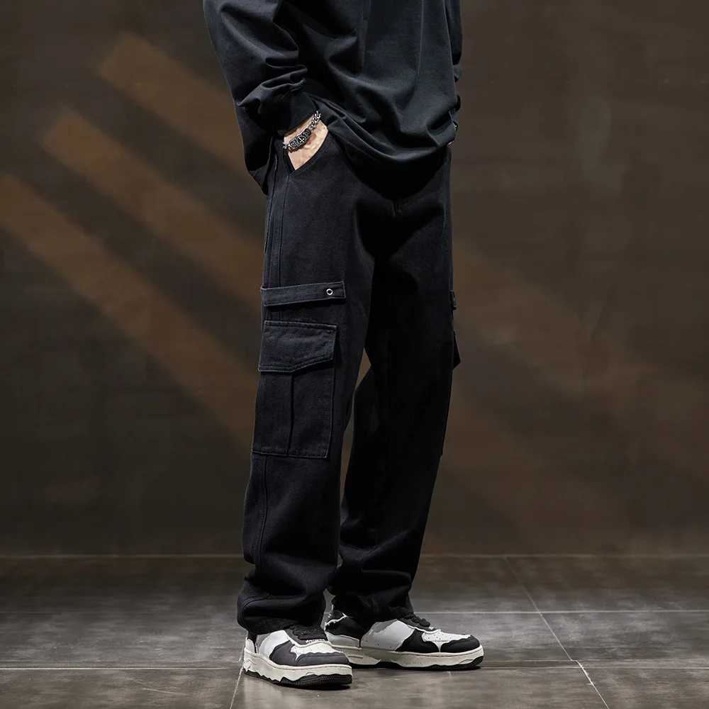 

American New Fashion Men's Casual Trendy Black Solid Color Multi Pocket Loose Wide Leg Straight Denim Trousers Male Streetwear