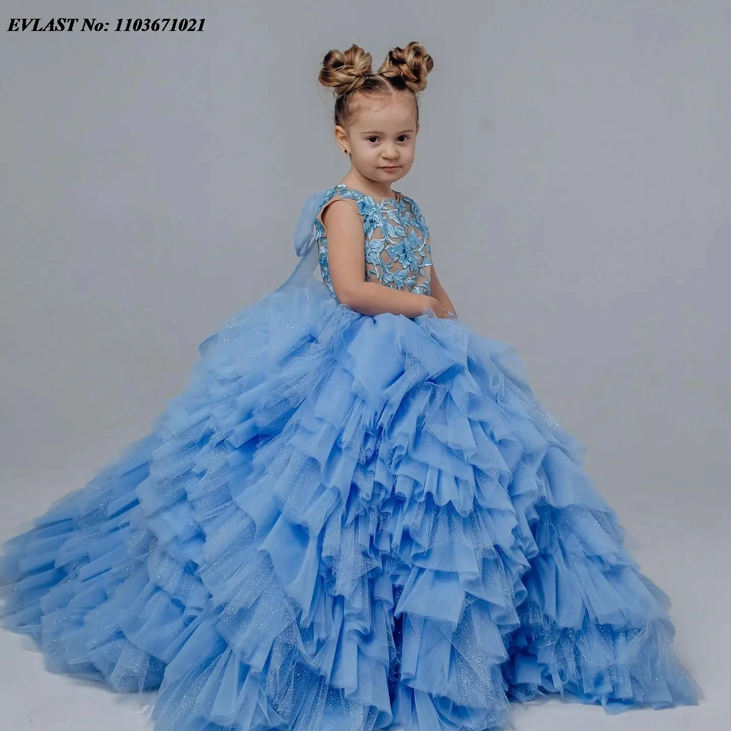 EVLAST Customized Sky Blue Flower Girl Dress For Weddings Kids Lace Party Girls Pageant Princess Baby Prom Birthday Gowns FD56