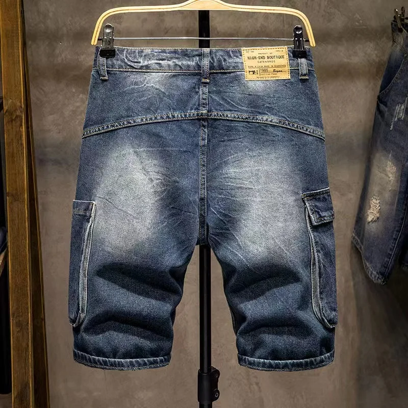 Trendy Men's Ripped Five-Quarter Denim Shorts Summer Multi-Pocket Workwear  Riding Pants Loose Straight Leg Jeans view 2