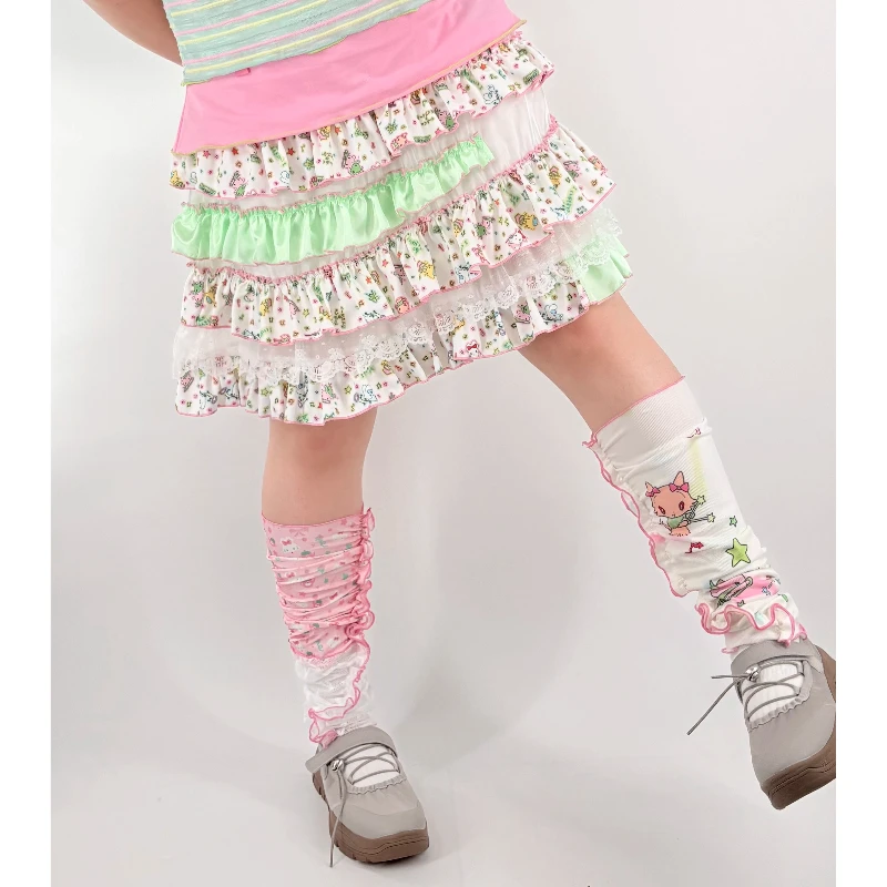 Japanese Style Cute Girl Print Ice Silk Cotton Lace Hosiery Spring Autumn New Sweet Versatile Slouch Socks Leg Warmers Ladies