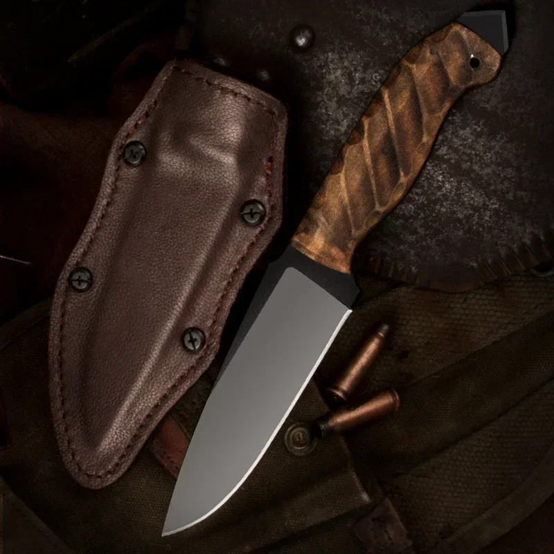 Tactical Hunting Knife with A2 Steel Fixed Blade and Indian Maple Handle for Camping and Survival