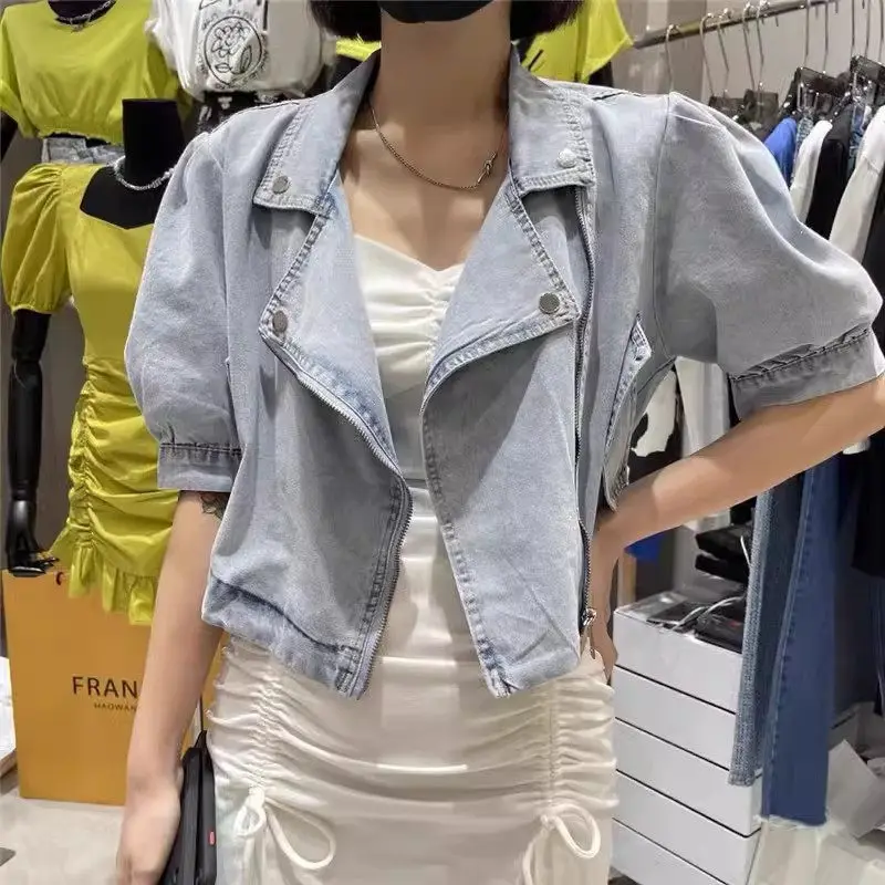 Jaqueta jeans de manga curta feminina, gola retrô versátil em terno, jeans casual solto com zíper, top curto K671, verão, 2024