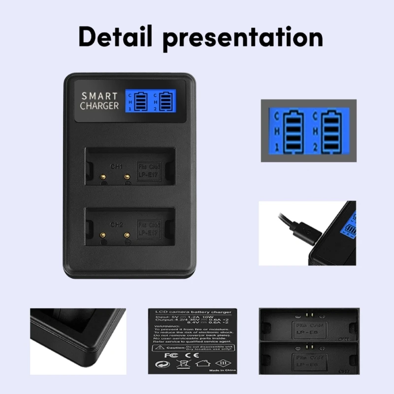 LP-E17 LPE17 LP E17 Dual Channel USB Battery Charger with LCD Screen for Canon EOS Rebel T6i 750D 800D 200D 8000D Kiss