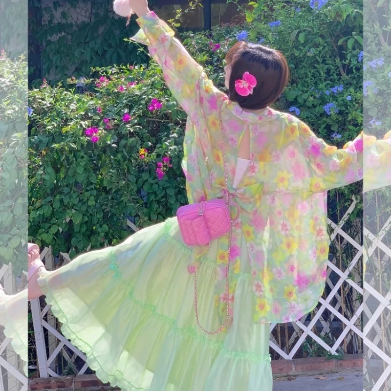 Summer New Green Floral Women's Sunscreen Shirt Jacket Sweet Cute Loose Vacation Split Bow Hollow Out Long Sleeves Shirts Ladies