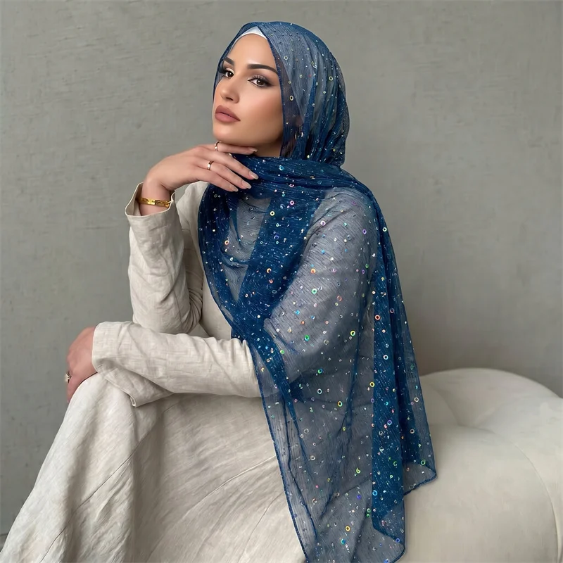 Royal Blue Polyester Iridescent Sequin Hijab Women Sparkly Crinkle Headscarf Shimmer Muslim Wrap Scarf For Wedding Party