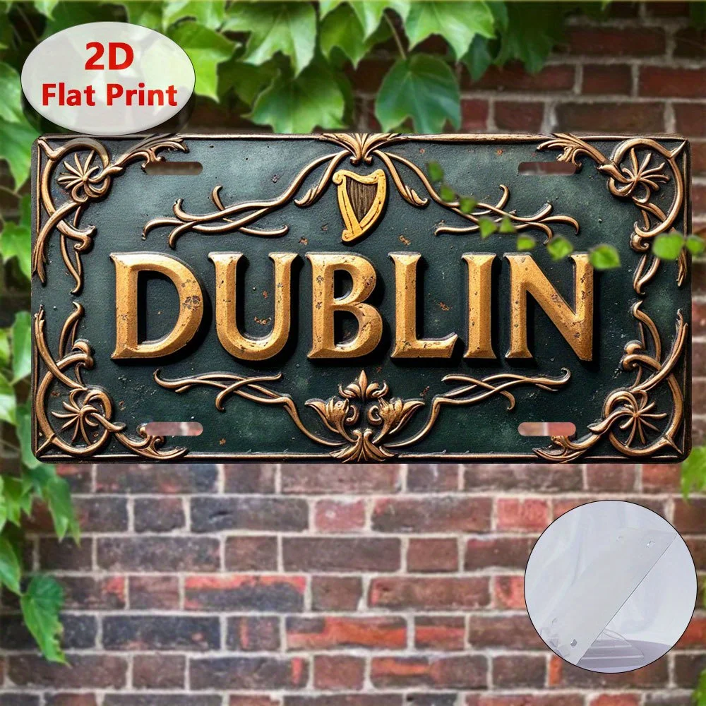 2D Flat Aluminum 1pc Vintage Dublin Ireland Wall Sign,30.48×14.99cm Celtic Knot Golden Letter Plaque, Industrial Irish Decor