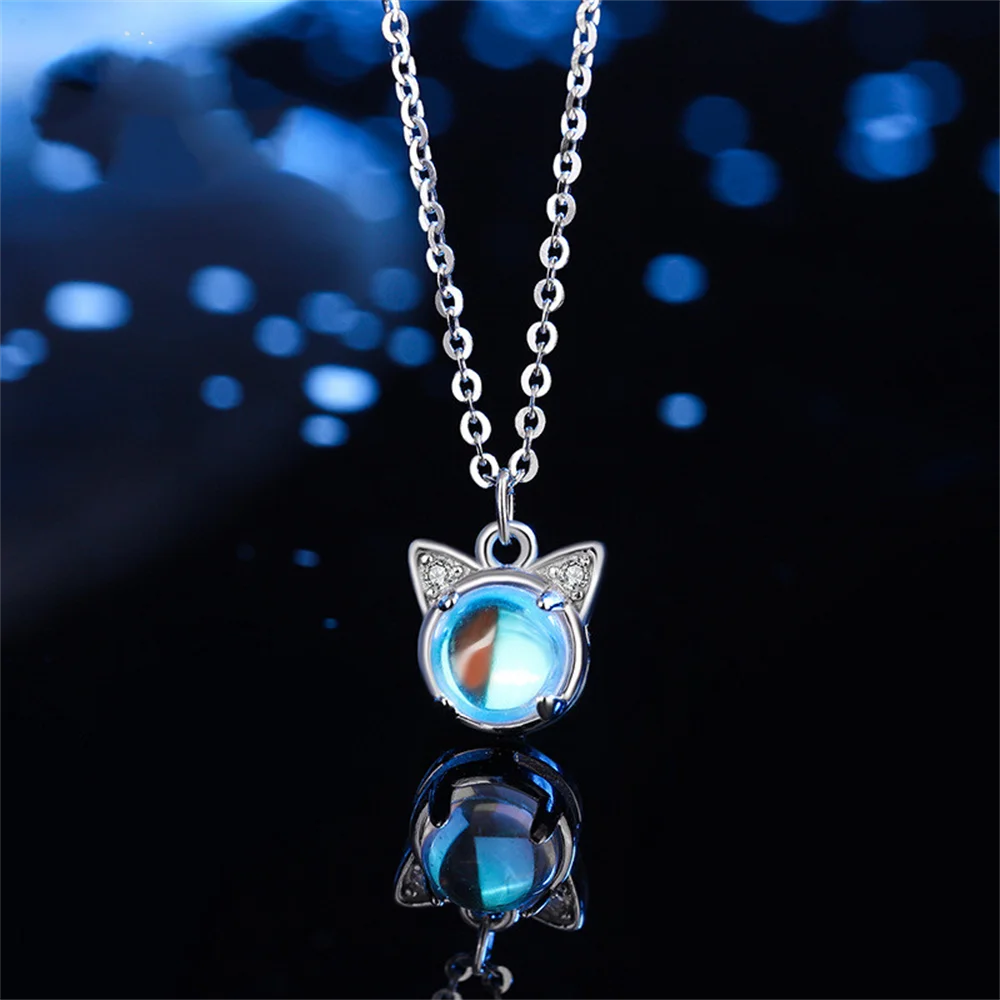 

Korean S925 Necklace - Rose Gold Cat, Cute Student, Moonstone Pendant Collar