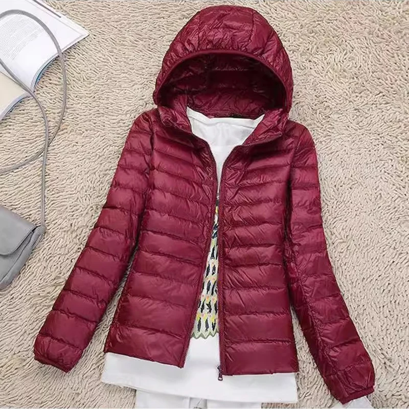 Women Down Jacket Wine Red 2026 New Spring Autumn Female Slim Short Hooded Warm White Duck Down Coat