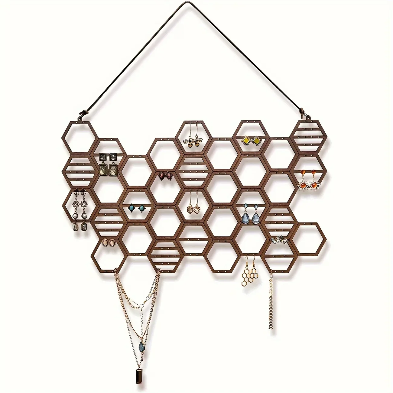 

Настенная подставка для украшений в виде соты, деревянный органайзер для ювелирных изделий с полыми ячейками для хранения, компактная подвесная полка