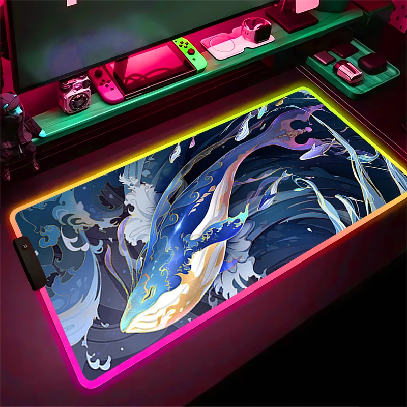 لوحة ماوس RGB LED مطاطية عالية الدقة لوحة ماوس نمط لوحة ألعاب ملحقات الكمبيوتر حصيرة مكتبية غير قابلة للانزلاق مفرش طاولة مكتب سحابة الحوت لوحة المفاتيح