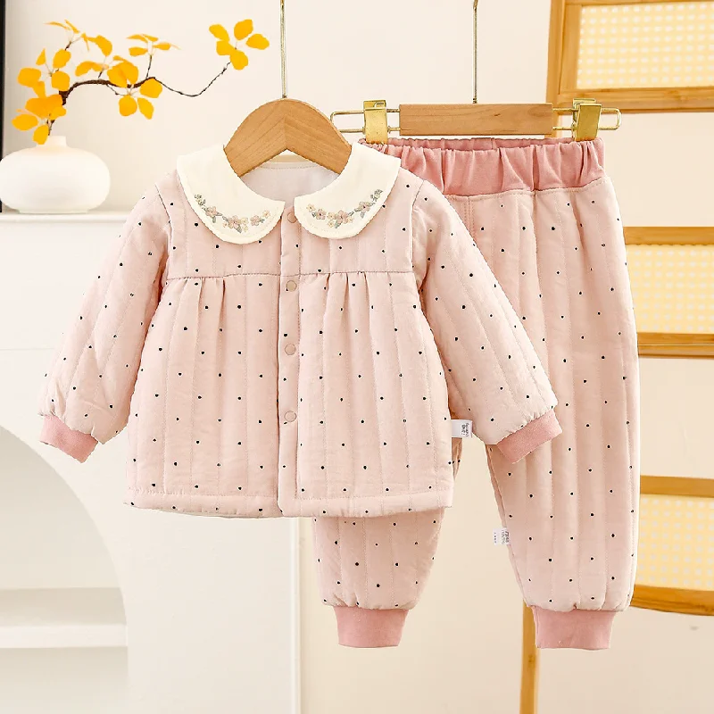 Girls Quilted Warm Sets Winter Autumn Children Thick Warm Clothing Suits Kids Floral Print Coats+Pants 2 Pcs Outfits 0-5 Years