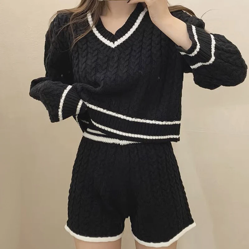 HELIAR Women Two Piece Sets Long Sleeve Knitted Tops And Shorts Casual Suit Solid Office Sets For Women 2024 Autumn Winter