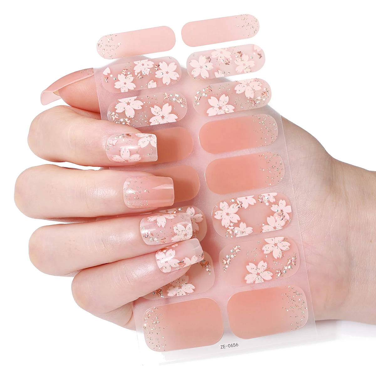 16Tips Full Cover Nail Stickers Spring Pink Flowers Nail Polish Strips Long-Lasting Self Adhesive Nail Art DIY Manicure Decor