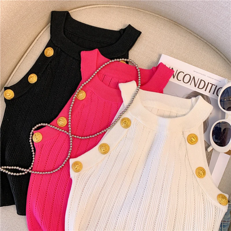 Summer Sexy Halter Slim Knit Vests Women Gold Buttons Crop Tops Sleeveless Streetwear Fashion Stylish Chic Ladies Knitwear Vest