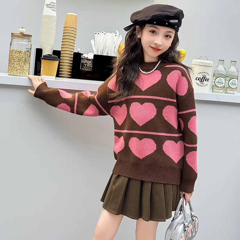 Soft Sweater For Girls Spring Fall Kids Knitted Pullover Heart Pattern Casual Tops For Children\'s Clothes 6 8 10 12 14 Years Old