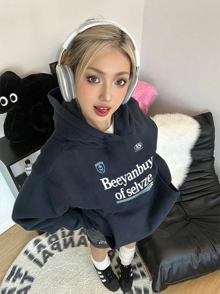 Letter Hooded Sweatshirt for Women Autumn Retro Loose 2024 New Model Unique and Chic Trendy Design Long Sleeve Casual Top