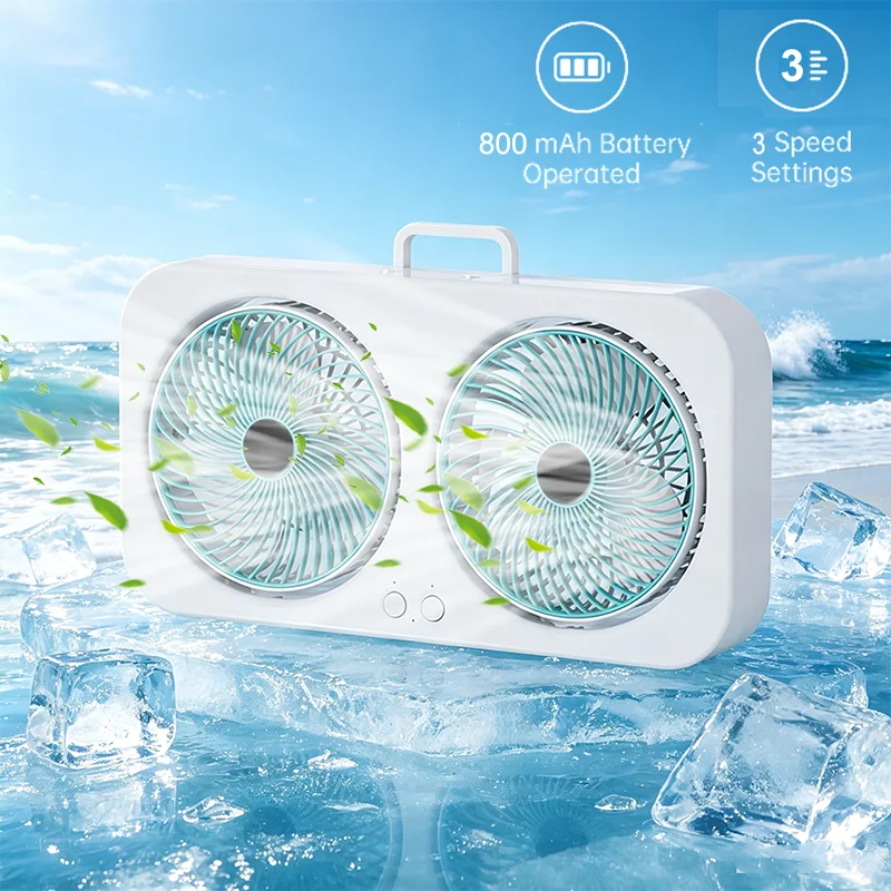 Schreibtischventilator mit zwei Köpfen, USB-Typ-C, wiederaufladbar, zum Aufhängen, stummgeschalteter Lüfter, 3 Geschwindigkeiten, verstellbarer Luftkühler für das Heimbüro
