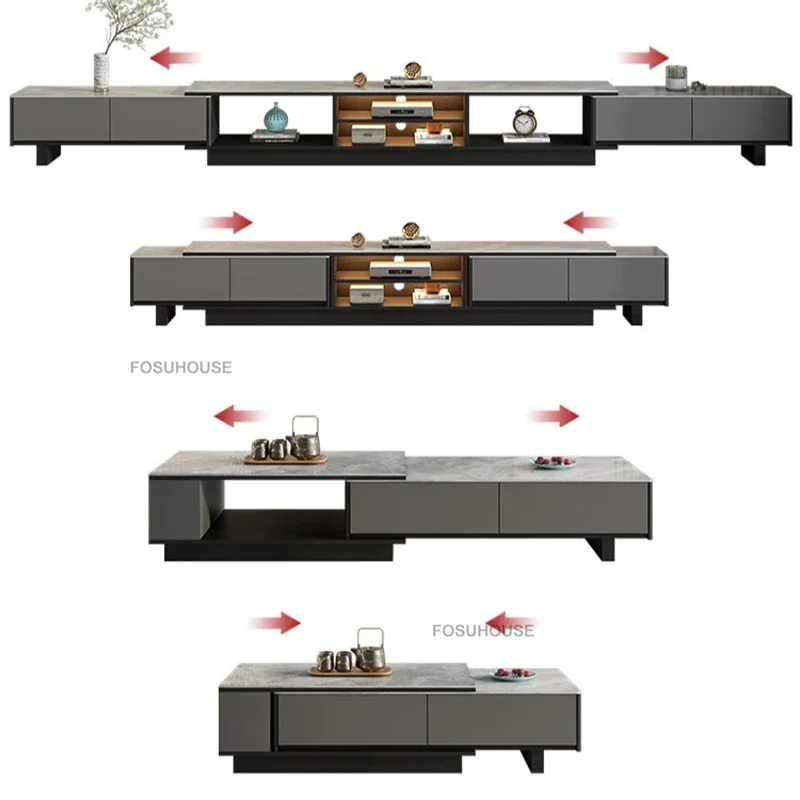 

Modern Rock Slate Storage TV Cabinet Light TV Stands and Coffee Table Set Home Furniture Creative Telescopic TV Cabinet