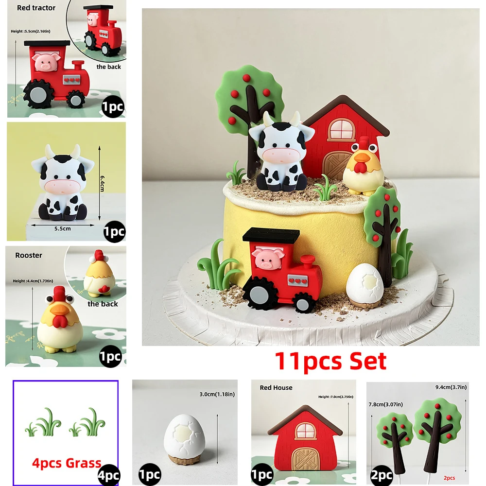 11 Stück Tiermotiv-Kuchendekorationen für die Farm, Kuh-Kuchendekoration, Cartoon-Tier-Kuchendekoration, Traktor-Kuchendekoration, Tierthemen-Party – Detail 3