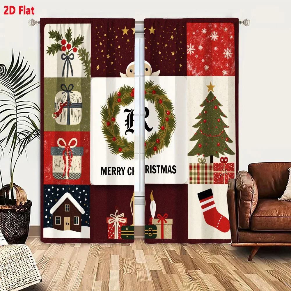 2Pcs Curtains 2D Flat Vintage Christmas Collage Retro Festive Elements Red Green Blue Gold White Holly Wreath Gift Tree Stocking