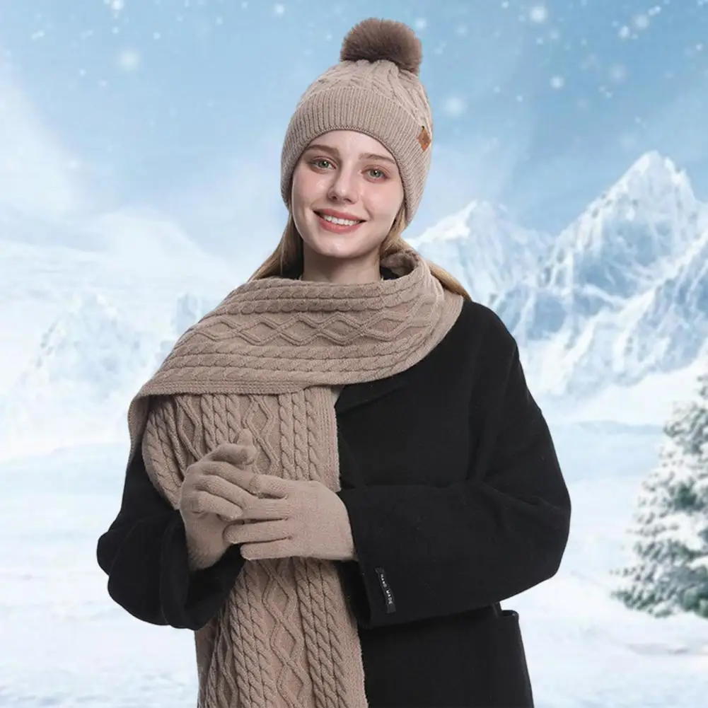 Ensemble de gants et écharpe extensibles avec boule en peluche pour femme, bonnet doublé, gants à écran tactile, accessoires d\'hiver, sourire