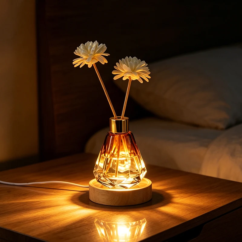 60ml Reed Diffuser Home Fragrance Diffuser with Three-color LED Light Base Glass Essential Oil Bottle Flower Diffusers Sticks