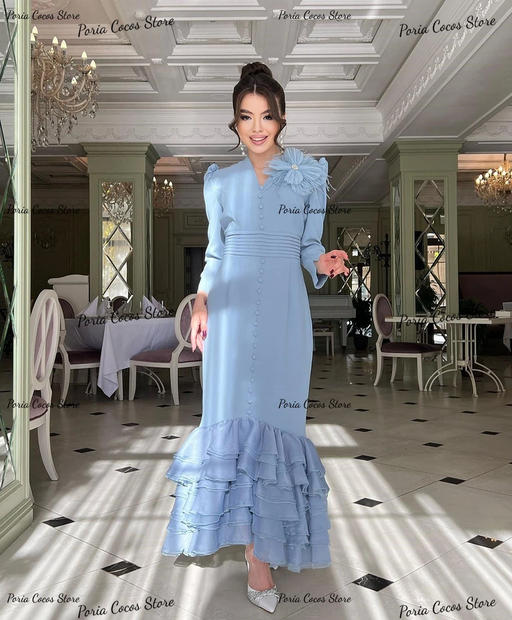 Customized Long Sleeve 3D Appliques V Neck Formal Party Dress Sexy Prom Gown Straight Ankle-Length Evening Dresses فساتين الحفلا