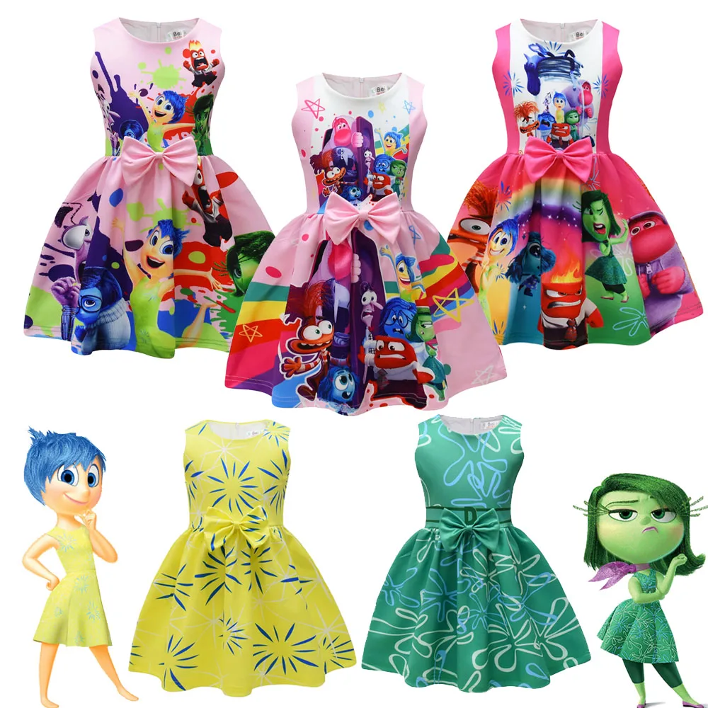 2024 Summer Inside Out Princess Dress Girls Pretty Joy Disgust Cosplay Kid Birthday Party Costume Vestidos Bow Outfits Odzież