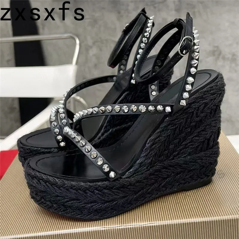 Designer Super Wedges Heel Sandals Women Narrow Strap Rivets Mules Female Hemp Woven Platform Runway Lady Pumps Sandalias Mujer