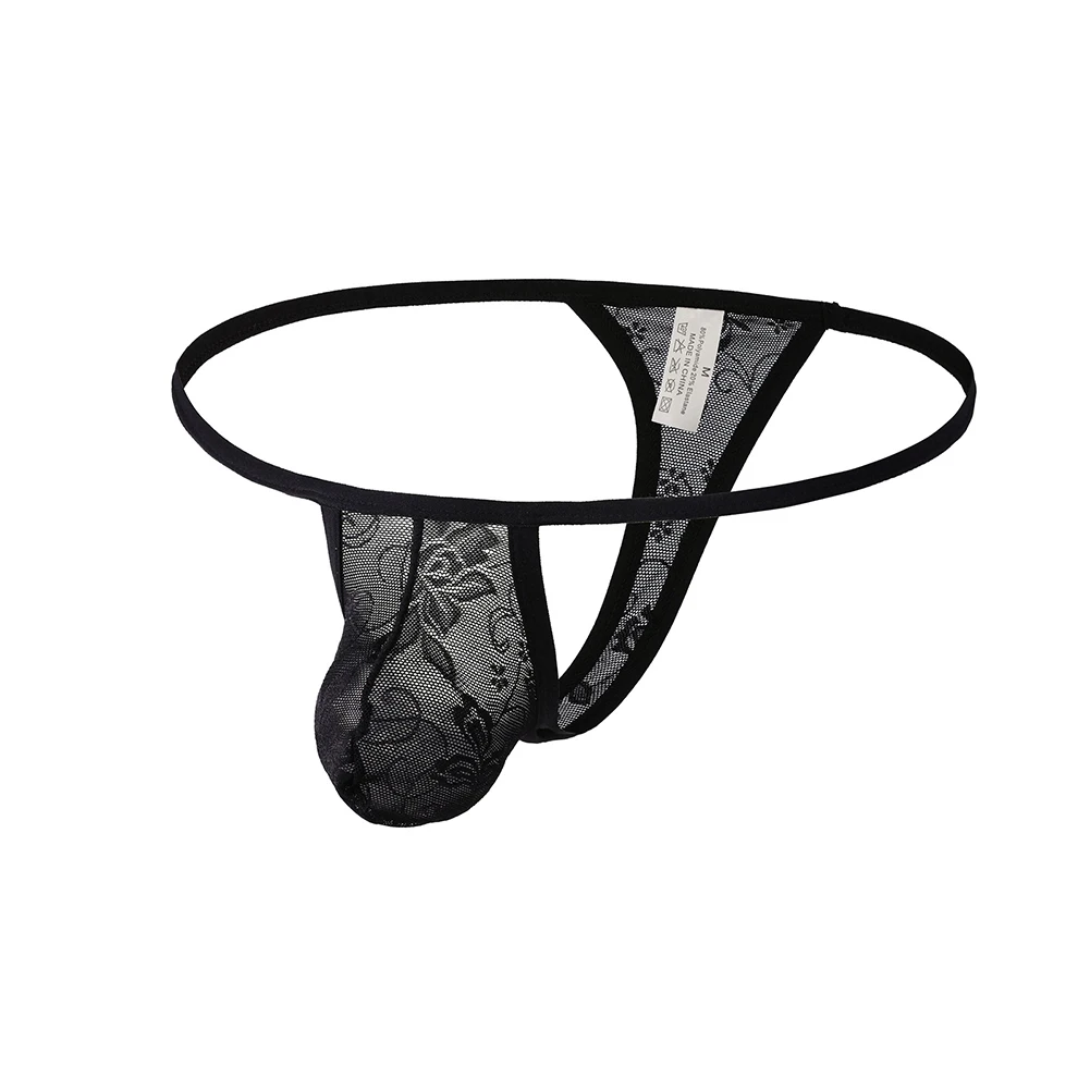 Men Sexy Briefs Lace Underwear Thongs Low Waist U Convex Pouch Panties Mesh Sissy G-String T-Back Underpants Breathable Lingerie