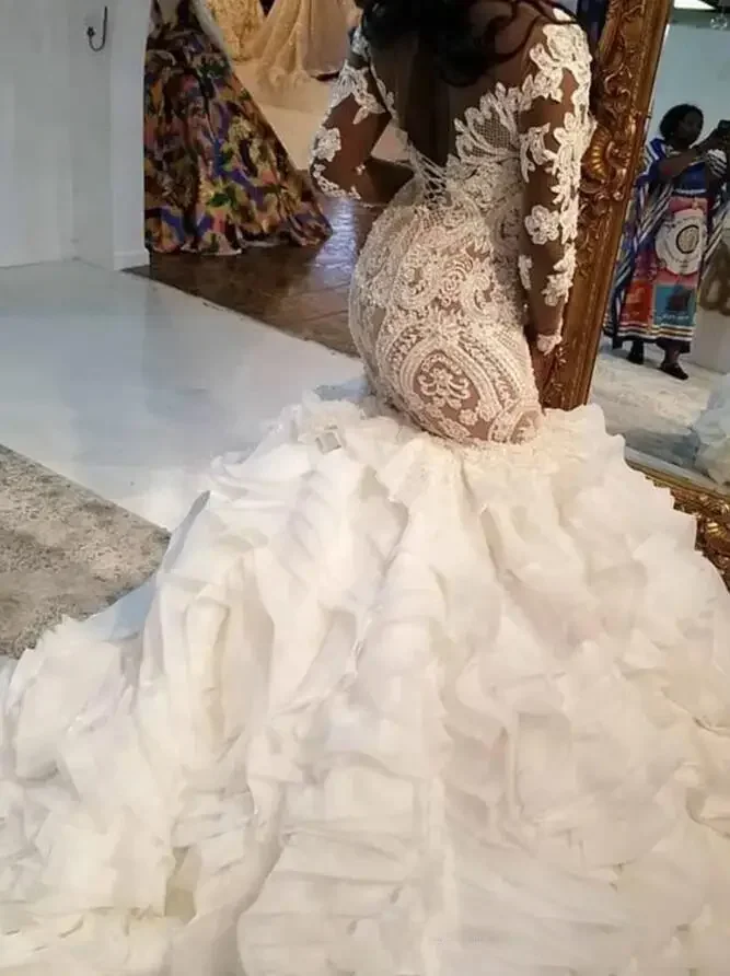 Personalizado sereia rendas vestidos de casamento africano dubai plus size vestidos de noiva ilusão mangas compridas tribunal trem robe de casamento