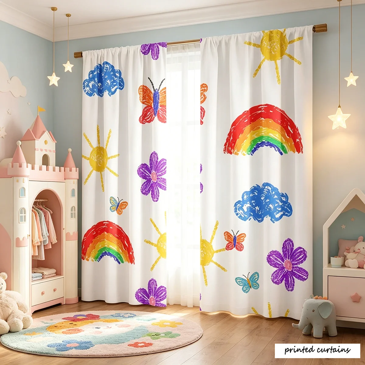 2 Pieces of Rainbow Cloud and Butterfly Printed Heat-Insulating Blackout Curtains - 100% Polyester Fiber Machine Washable, Moder
